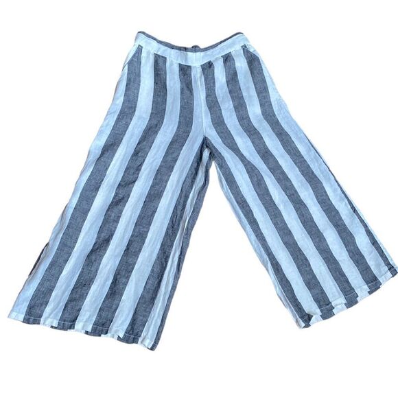 Catherine Malandrino Wide Leg Cropped 100% Linen Striped Flowy Gaucho Pants Lrg - Picture 1 of 5